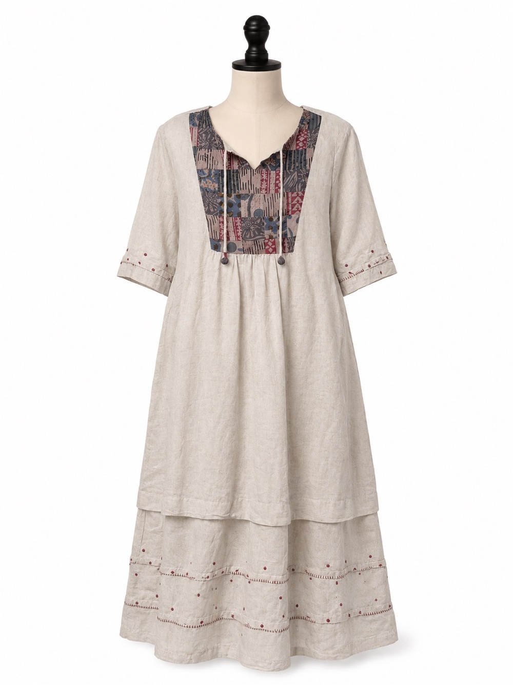 Marketplace Handwork of India Linen Cotton Blend Embroidered Boho Midi Dress